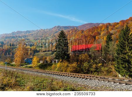 Autumn Carpathian Mountains Misty Landscape With Village And Railroad (rakhiv District, Transcarpath