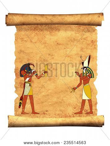 Old parchment with Egyptian gods images Toth and Horus. Mock up template. Copy space for text. Isolated on white background. 3d render