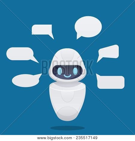 Cute Future Chat Bot With Text Bubbles. Isolated Vector Illustration