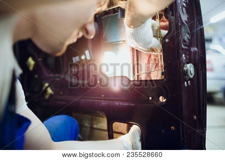 Man Hands Repair Left Door Car Locks Auto Mechanic