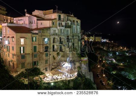 Buildings On A Cliff In Tropea By Night, Calabria, Italy