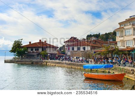 Ohrid, Macedonia - Oct 22, 2016: Lake Quay Of The Ohrid Old Town. Ohrid Is A Famous Tourist Destinat