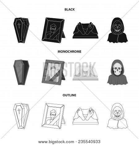 Coffin With A Lid And A Cross, A Photograph Of The Deceased With A Mourning Ribbon, A Corpse On The 