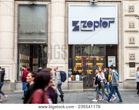 Belgrade, Serbia - March 31, 2018: Entrance Of A Zepter Shop With Its Logo And Crowd Pasisng In Fron