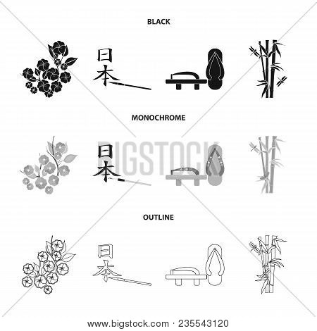 Geta, Sakura Flowers, Bamboo, Hieroglyph.japan Set Collection Icons In Black, Monochrome, Outline St
