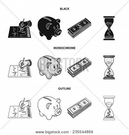 Bank, Business Schedule, Bundle Of Notes, Time Money. Money And Finance Set Collection Icons In Blac