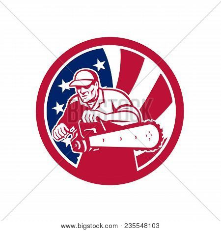 Icon Retro Style Illustration Of An American Lumberjack Arborist Or Tree Surgeon Holding A Chainsaw 