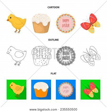 Easter Cake, Chicken, Butterfly And Greeting Sign.easter Set Collection Icons In Cartoon, Outline, F
