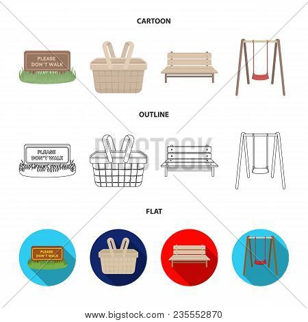 Lawn With A Sign, A Basket With Food, A Bench, A Swing. Park Set Collection Icons In Cartoon, Outlin