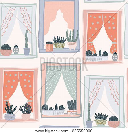 Cactus On The Window Pattern.cacti In Pots. Seamless Pattern With Succulents. Colorful Background Wi