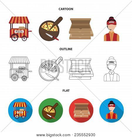 Mobile Trailer, Cutting Board For Pizza, Boxes, Salesman. Pizza And Pizzeria Set Collection Icons In