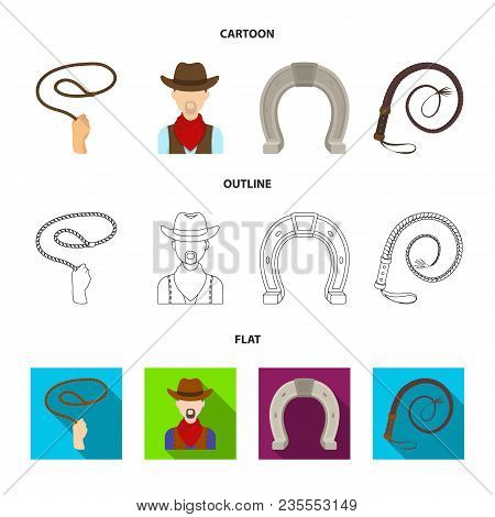 Hand Lasso, Cowboy, Horseshoe, Whip. Rodeo Set Collection Icons In Cartoon, Outline, Flat Style Vect