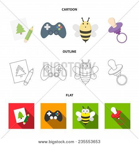 Picture, Dzhostik, Bee, Nipple.toys Set Collection Icons In Cartoon, Outline, Flat Style Vector Symb