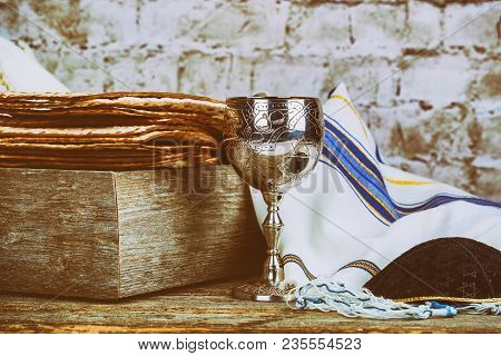 Pesah Celebration Concept Jewish Matzah Bread With Wine. Passover Holiday Concept