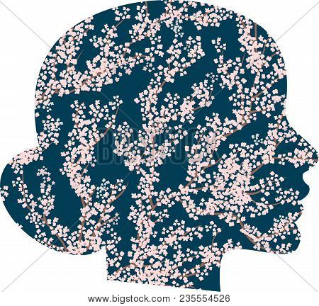Vector Head Silhouette With Cherry Flowers. Woman-spring, The Arrival Of Spring, Tenderness.blooming
