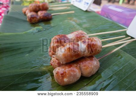 Hot Dogs Or Sai Aua ((notrhern Thai Spicy Sausage) On Banana Leaf