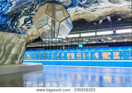 Stockholm, Sweden - August 28,2017: Moving Train At The Underground Metro Or Tunnelbana Station Tekn