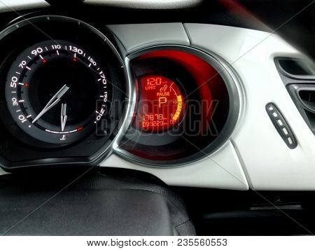 Close Up Shot Of A Speedometer Dashboard In A Car.