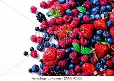 Assortment Of Strawberry, Blueberry, Currant, Mint Leaves. Food Frame, Border Design. Vegan And Vege