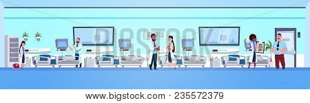 Team Of Octors In Hospital Ward Background Clinic Room Interior With Beds Horizontal Banner Flat Vec