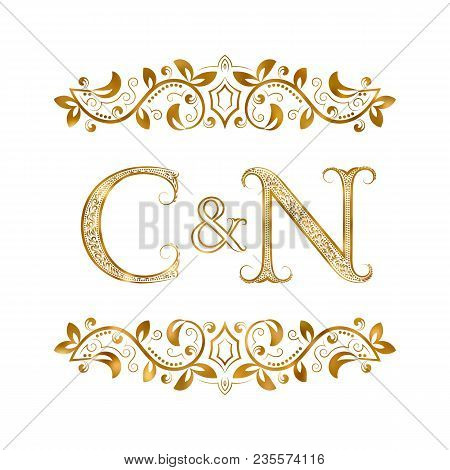 C And N Vintage Initials Logo Symbol. The Letters Are Surrounded By Ornamental Elements. Wedding Or 