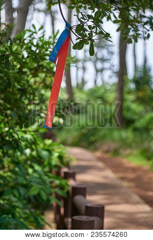 Jeju, Korea - May 25, 2017:  Jeju Olle Trail Marker. Olle Trail Is A Famous Long-distance Foot Path 