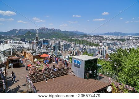 Seoul, Korea - April 26, 2017:  Obervatory In Namsan Mountain And Cityscape Of Seoul. Namsan Located