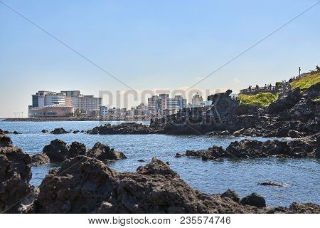 Jeju, Korea - May 22, 2017 : Yongduam Rock. Yongduam Is A Dragon Head-like Rock And A Famous Attract