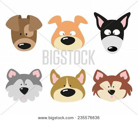 Set Of Funny Cartoon Dogs On White Background. Vector Illustration.