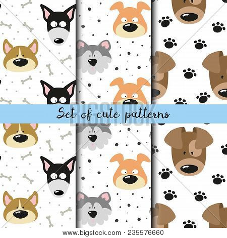 Set Of Cute Patterns With Cartoon Dogs. Vector Illustration.