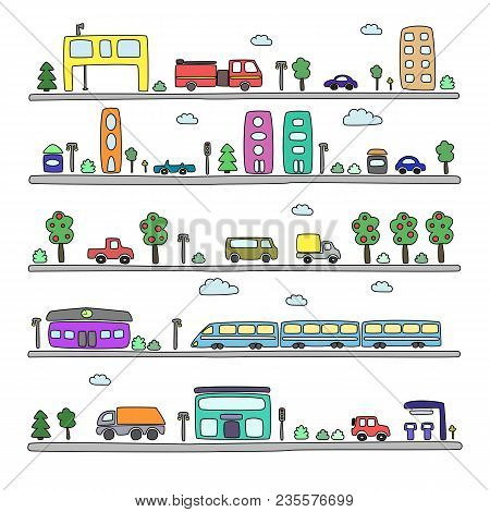 Cityscape. Urban Landscape. Vector Flat Illustration. Set Of Different Cartoon City Icons. Vector Il