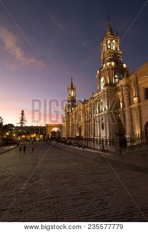 AREQUIPA PERU NOVEMBER 9: Main square of Arequipa with church on november 9 2015 in Arequipa Peru. Arequipa's Plaza de Armas is one of the most beautiful in Peru.