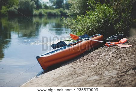 The Kayak On The Bank Of River. Specifically: River Mohan In Germany.
