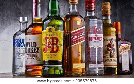 Poznan, Poland - Mar 30, 2018: Bottles Of Assorted Global Hard Liquor Brands