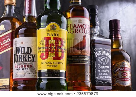 Poznan, Poland - Mar 30, 2018: Bottles Of Several Global Whiskey Brands, The Most Popular Liquor In 