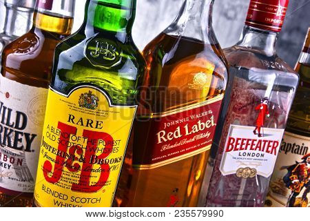 Poznan, Poland - Mar 30, 2018: Bottles Of Assorted Global Hard Liquor Brands