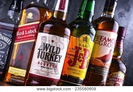 Poznan, Poland - Mar 30, 2018: Bottles Of Several Global Whiskey Brands, The Most Popular Liquor In 