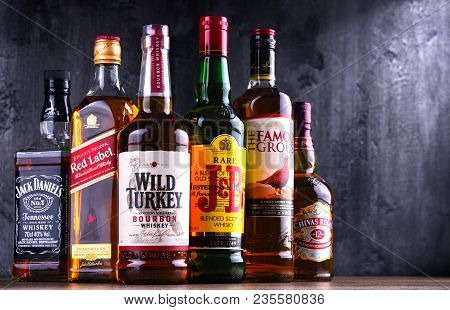 Poznan, Poland - Mar 30, 2018: Bottles Of Several Global Whiskey Brands, The Most Popular Liquor In 