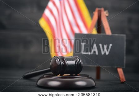 Law And Justice, Legality Concept, Judge Gavel, Blackboard And United States Of America Flag On A Bl