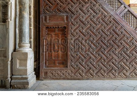 Side View Of Wooden Minbar (platform) Of The Mosque Of Sultan Qalawun With Geometrical Pattern Decor