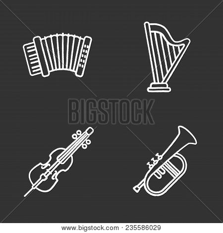 Musical Instruments Chalk Icons Set. Accordion, Harp, Violoncello, Flugelhorn. Isolated Vector Chalk