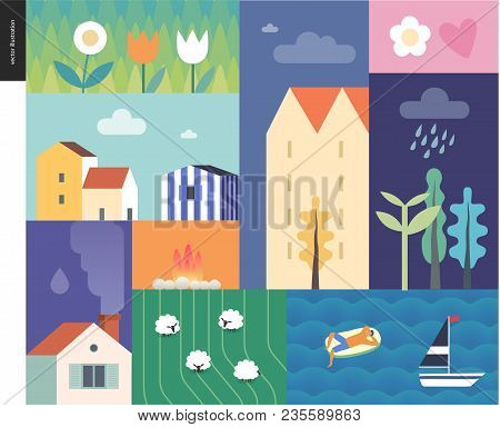 Idillic Summer Landscape - Countryside, Town, Travel And Vacation Camp Concept - Collage Of Trees, F