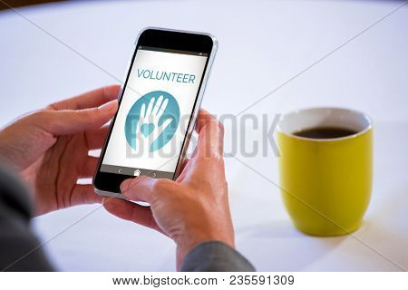 Composite image of digitally composite image of volunteer text with icons
