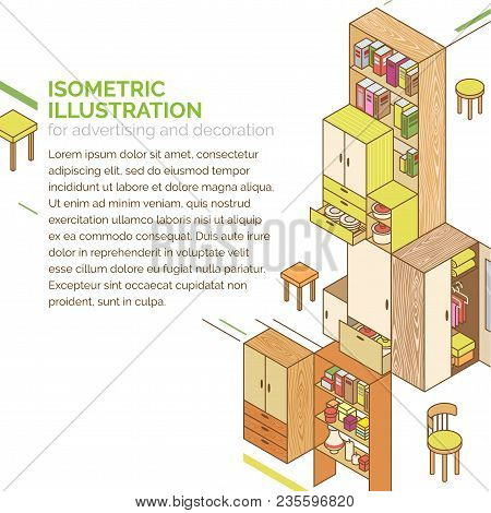 Isometric Furniture. Vector Isolated Illustration In Cartoon Style With Free Zone For Text On White.