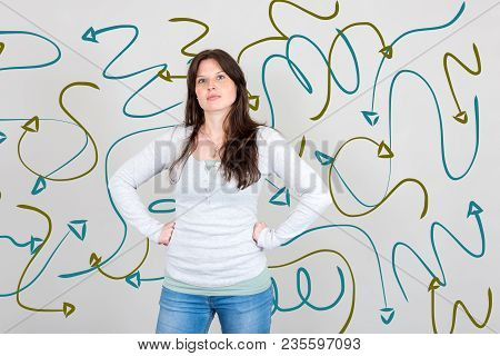 Concept Of Preoccupied And Thoughtful Woman Being Confused And Looking For Solution With Chaos In He