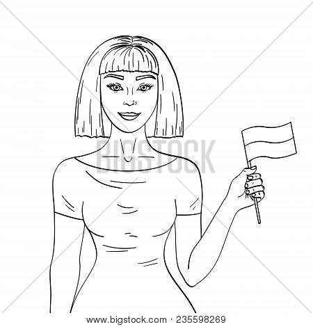 Object On White Background Young Beautiful Girl Holding A Flag Of Two Color. Coloring For Children V