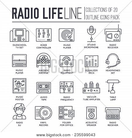 Radio Life Day Thin Line Collection Icon Set. Old School Tv Equpment And Workspace In Office With Dj