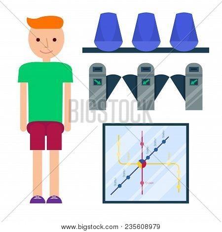 Metro Station Vector Illustration. Transportation Modern Railroad Trip Transit Tunnel Vehicle Servic
