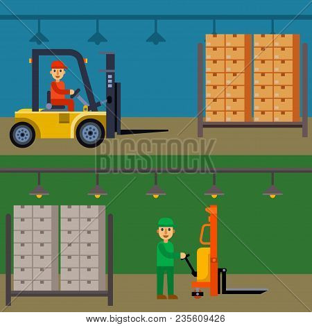 Warehouse Banner Background With Shipping And Delivery Flat Elements Vector Illustration. Storage Bu