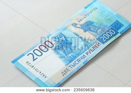 Two Thousand Rubles With One Banknote. New Russian Banknote In Two Thousand Rubles In 2017. Cash Pap